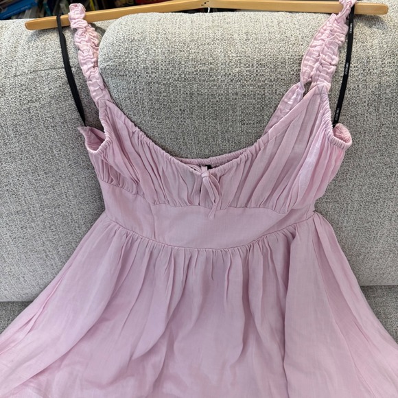NWT Forever 21 Light Pink Mini Dress Smocked Sundress Tie Front Sleeveless SZ L - Picture 7 of 8
